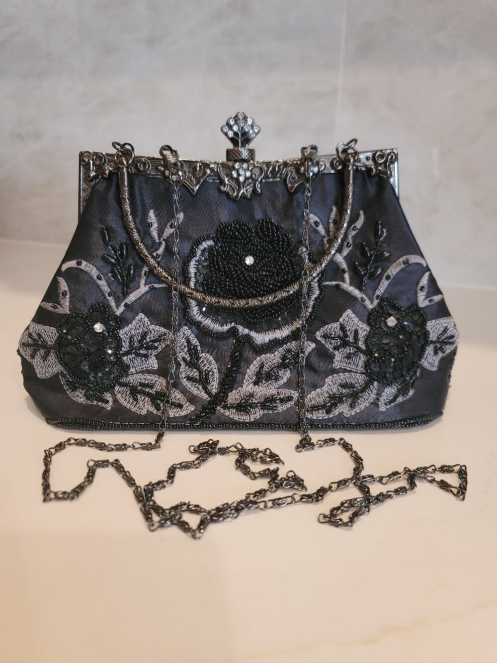 Vintage (1920s) Style Black Beaded Evening Bag Art Deco Rhinestone Chain Purse